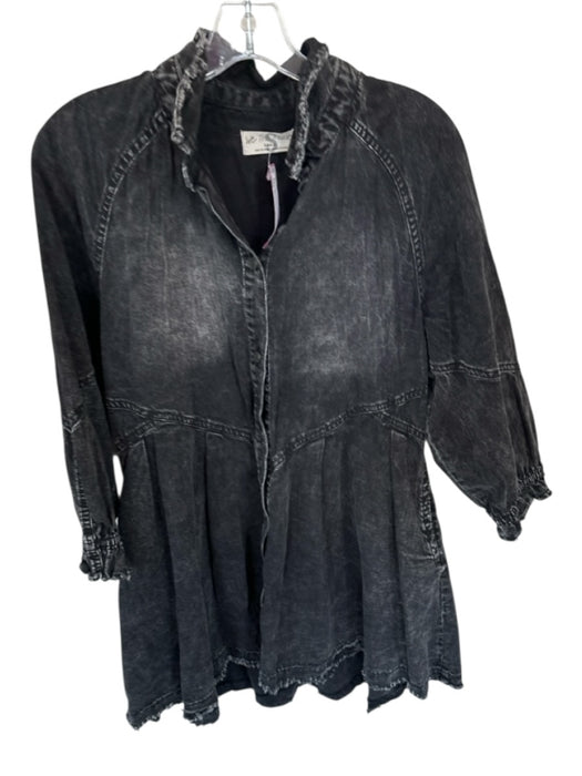 We The Free Size S Black Cotton Blend Long Sleeve Raw Hem Button Down Dress Black / S