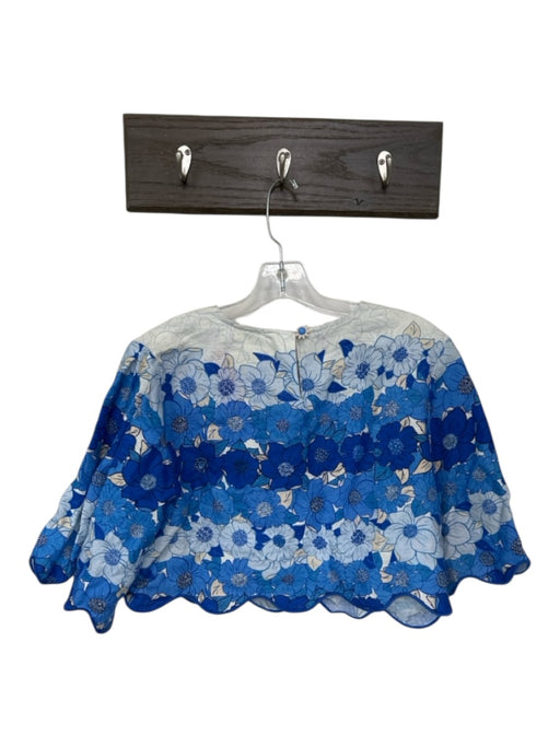 Farm Rio Size M Blue & Cream Linen 3/4 Sleeve Flowers Scalloped Hem Cropped Top Blue & Cream / M