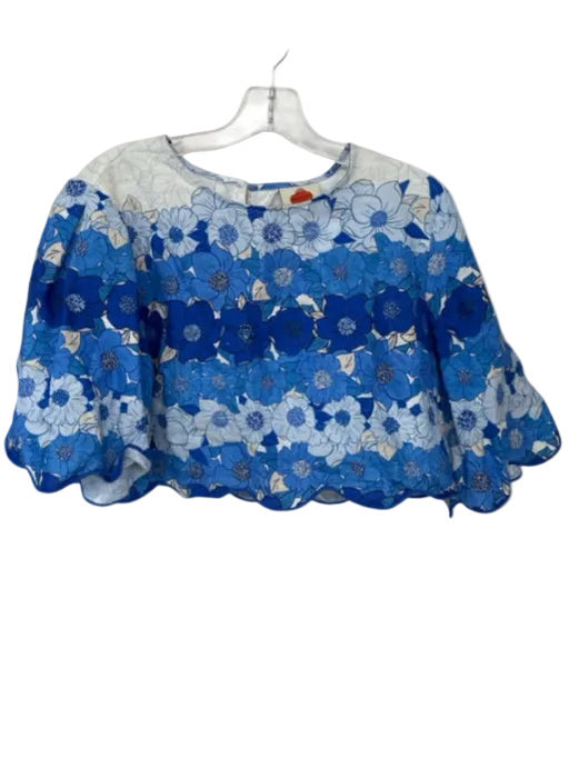 Farm Rio Size M Blue & Cream Linen 3/4 Sleeve Flowers Scalloped Hem Cropped Top Blue & Cream / M