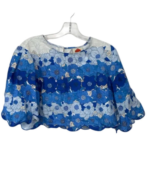 Farm Rio Size M Blue & Cream Linen 3/4 Sleeve Flowers Scalloped Hem Cropped Top Blue & Cream / M