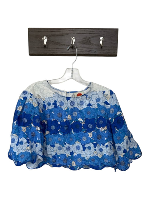 Farm Rio Size M Blue & Cream Linen 3/4 Sleeve Flowers Scalloped Hem Cropped Top Blue & Cream / M