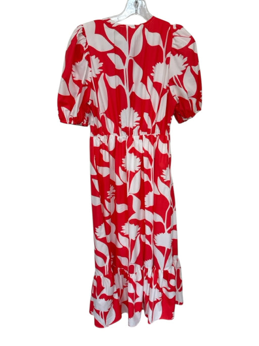 Size S Red & White Polyester Short Balloon Sleeve Flowers Front Tie Maxi Dress Red & White / S