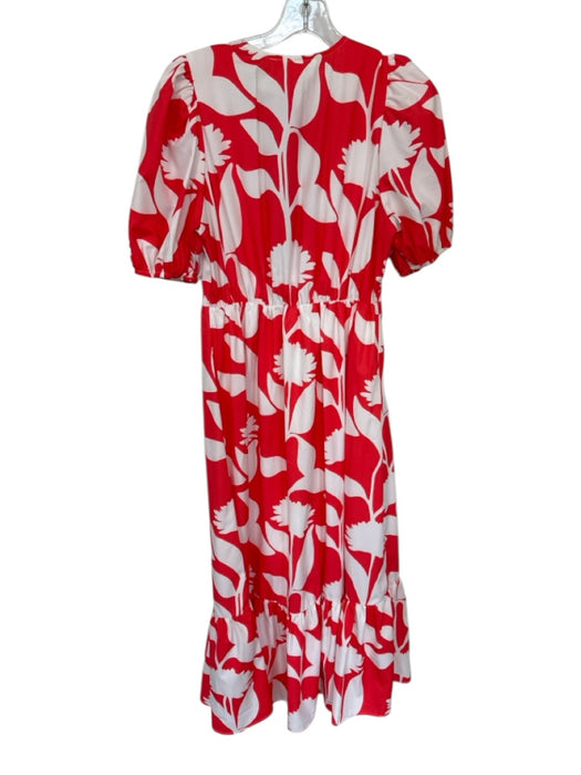 Size S Red & White Polyester Short Balloon Sleeve Flowers Front Tie Maxi Dress Red & White / S