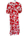 Size S Red & White Polyester Short Balloon Sleeve Flowers Front Tie Maxi Dress Red & White / S