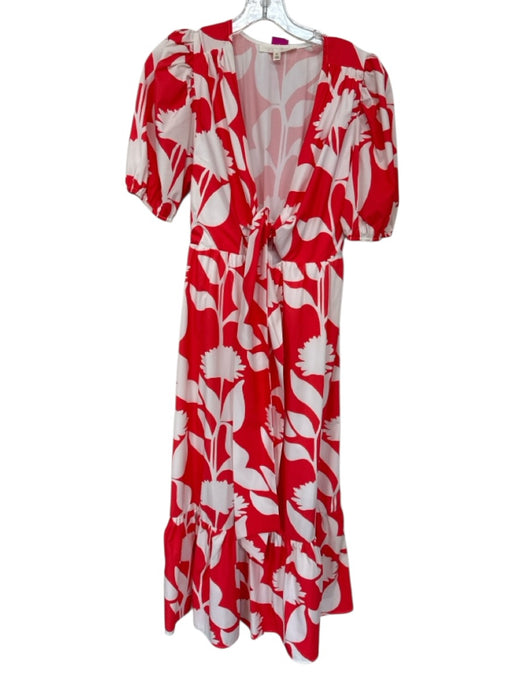 Size S Red & White Polyester Short Balloon Sleeve Flowers Front Tie Maxi Dress Red & White / S