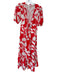 Size S Red & White Polyester Short Balloon Sleeve Flowers Front Tie Maxi Dress Red & White / S