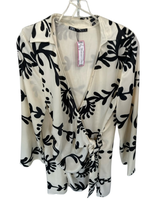 Zara Size M Cream & Black Polyester Long Sleeve Wrap Collar Dress Cream & Black / M