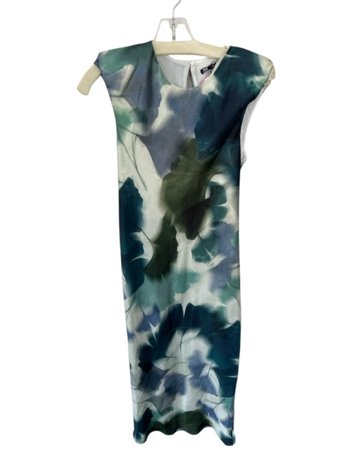 Zara Size M Green & Cream Polyester Cap Sleeve Water Color Shoulder Pads Dress Green & Cream / M
