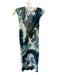 Zara Size M Green & Cream Polyester Cap Sleeve Water Color Shoulder Pads Dress Green & Cream / M