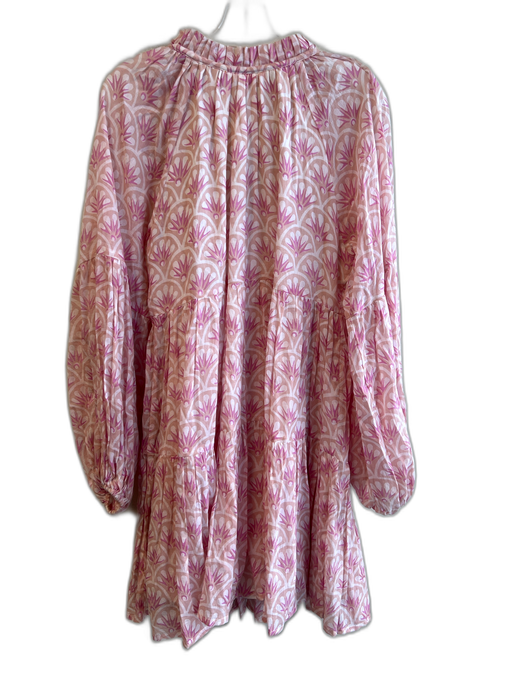 Oliphant Size Large Pink & Tan Cotton Lined Long Sleeve Tiered Tie at Neck Dress Pink & Tan / Large
