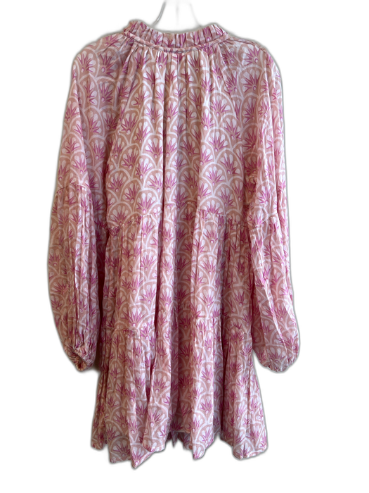 Oliphant Size Large Pink & Tan Cotton Lined Long Sleeve Tiered Tie at Neck Dress Pink & Tan / Large