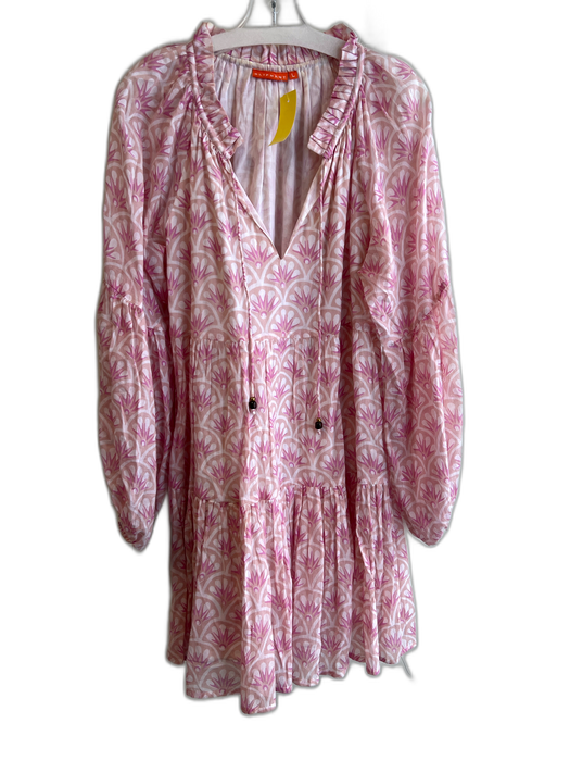 Oliphant Size Large Pink & Tan Cotton Lined Long Sleeve Tiered Tie at Neck Dress Pink & Tan / Large