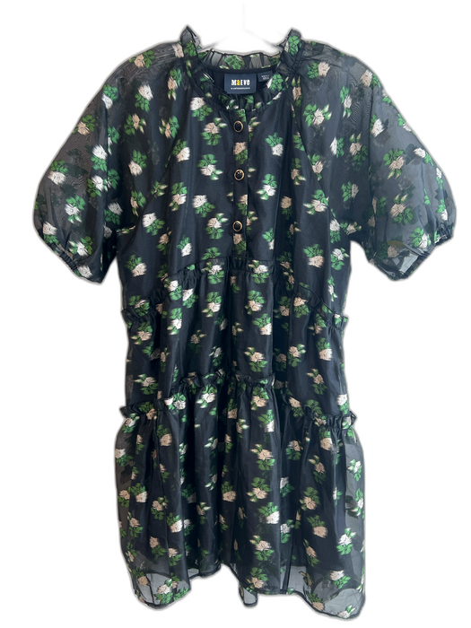 Maeve Size Small Black, Green & Tan Polyester Half Button abstract flowers Dress Black, Green & Tan / Small