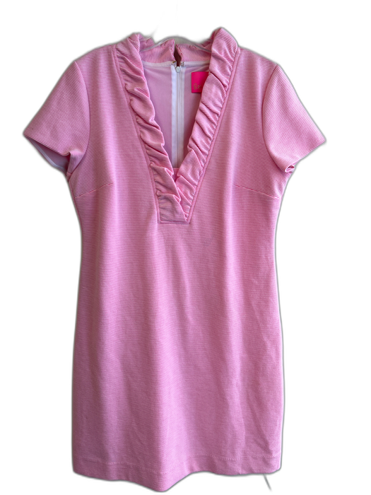 Lilly Pulitzer Size L Pink Polyester Blend Ruffle Detail Striped V Neck Dress Pink / L
