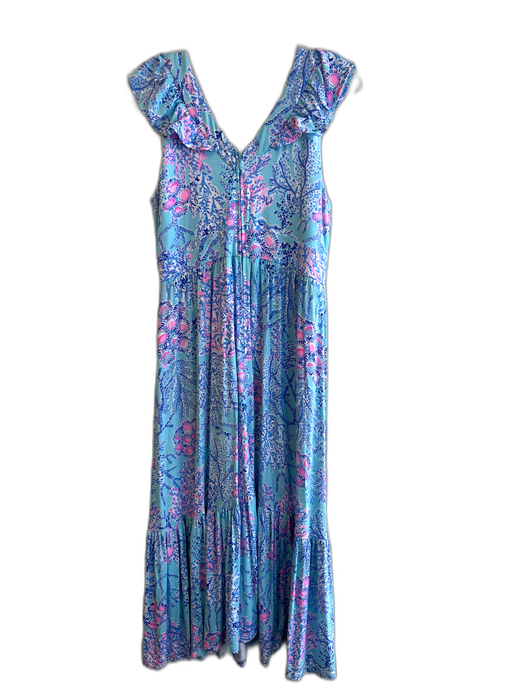 Lilly Pulitzer Size 12 Blue Rayon Blend V Neck Coral Branch Ruffle Dress Blue / 12