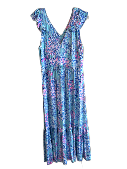 Lilly Pulitzer Size 12 Blue Rayon Blend V Neck Coral Branch Ruffle Dress Blue / 12