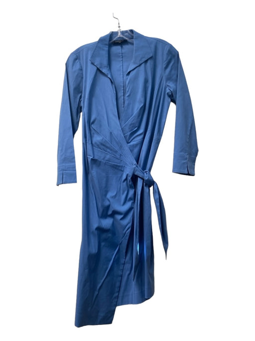 Lafayette 148 Size 4 Blue Cotton Long Sleeve Pleat Detail Wrap Collared Dress Blue / 4