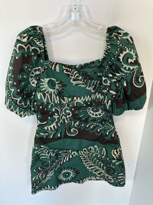 Sea New York Size 4 Green & Black Cotton Short Balloon Sleeve Gathered Dress