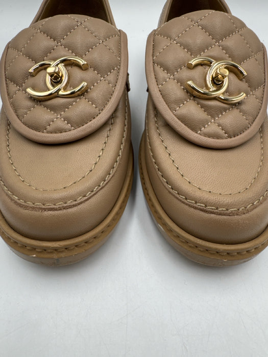 Chanel Shoe Size 37 Light Brown Leather Quilted Turn Lock Almond Toe Loafers