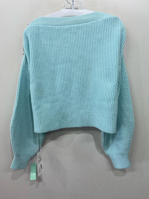 Adeam Size M Light Blue Cotton Blend Cable Knit Button Shoulders Cropped Sweater