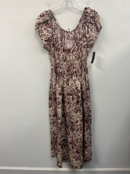 Doen Size M Cream White & Brown Viscose Blend Botanical Print Gathered Dress