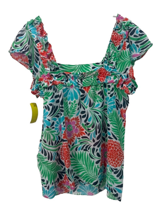 Milly Size 10 Green, Turquoise & Orange Cotton Short Sleeve Square Neck Top Green, Turquoise & Orange / 10