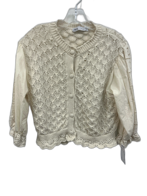Zara Size M Cream Polyester Blend Knit Button Down Balloon Sleeve Sweater Cream / M