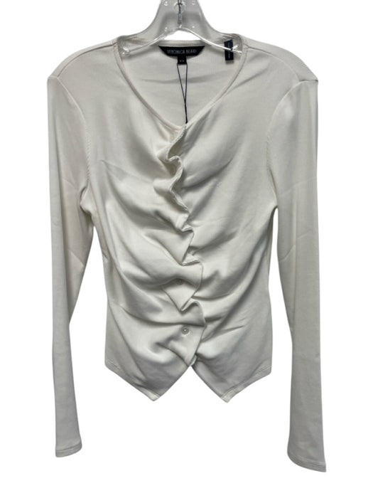 Veronica Beard Size M White Cotton Long Sleeve Button Up Gathered Ribbed Top White / M