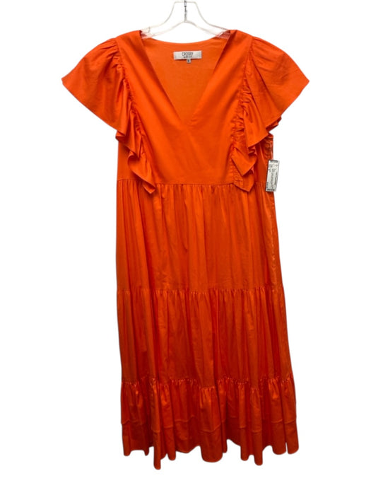 Crosby Size M Orange Cotton Split Neck Ruffle Cap Sleeve Midi Pleats Dress Orange / M