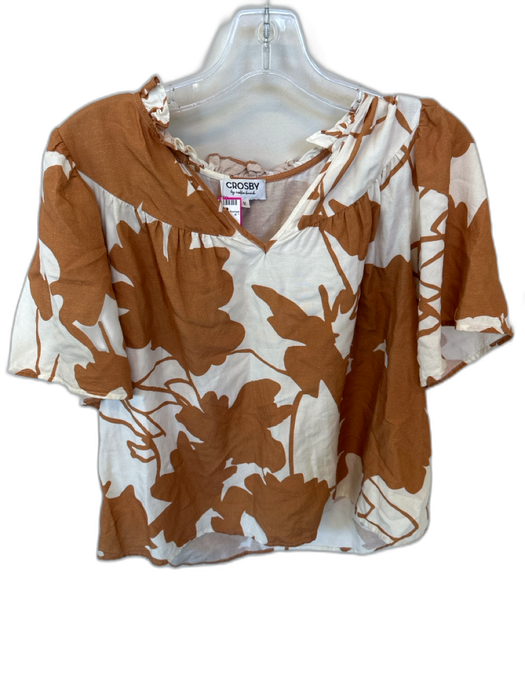 Crosby Size M Brown & White Viscose Short Sleeve Ruffle Floral Top Brown & White / M