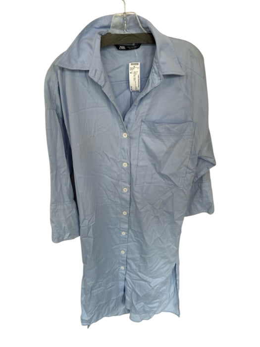 Zara Size M Light Blue Cotton Button Up Half Sleeve Collar Midi Dress Light Blue / M