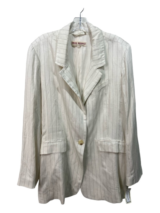 Free People Size XL White & Gray Viscose Blend Pinstripe Blazer Jacket White & Gray / XL