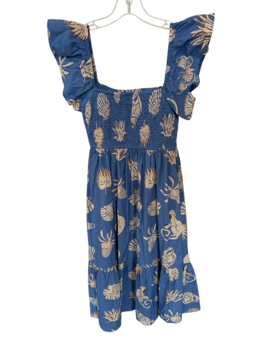 Olivia James Size XS Blue & Tan Cotton Flutter Sleeves Plants Monkeys Dress Blue & Tan / XS