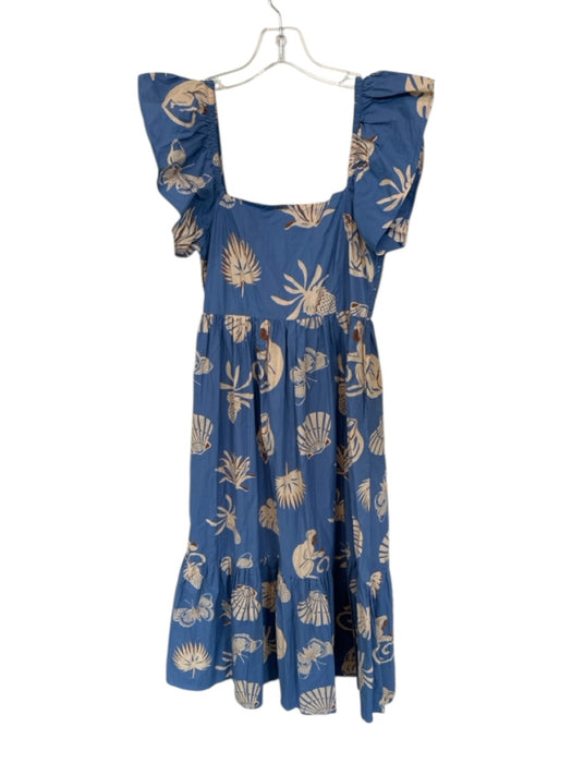 Olivia James Size XS Blue & Tan Cotton Flutter Sleeves Plants Monkeys Dress Blue & Tan / XS