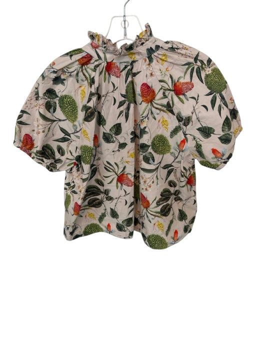 Olivia James Size S Tan & Green Cotton Short Balloon Sleeve Botanical V Neck Top Tan & Green / S