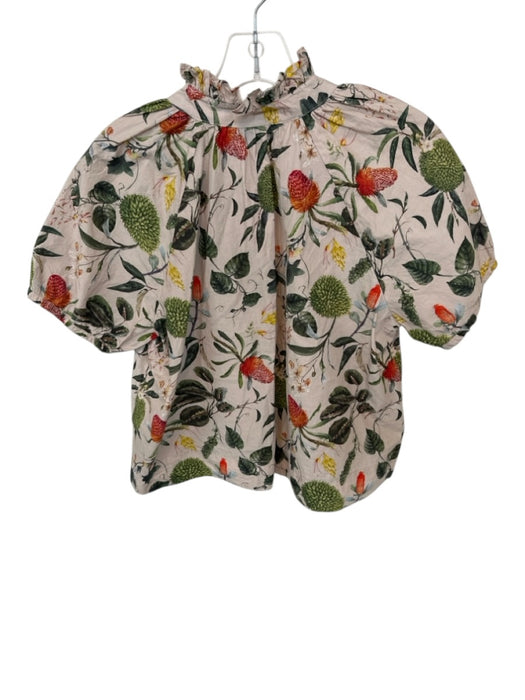Olivia James Size S Tan & Green Cotton Short Balloon Sleeve Botanical V Neck Top Tan & Green / S