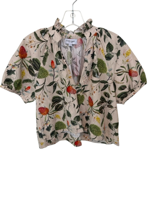 Olivia James Size S Tan & Green Cotton Short Balloon Sleeve Botanical V Neck Top Tan & Green / S