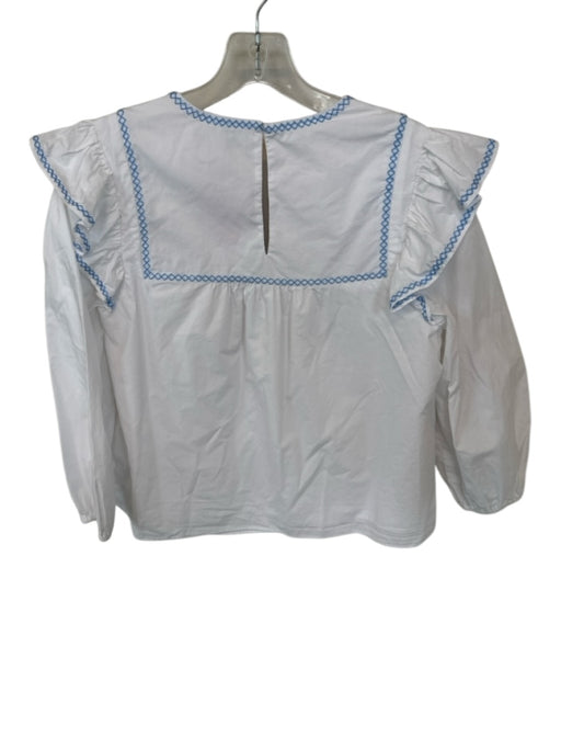 English Factory Size S White & Blue Cotton Long Balloon Sleeve Cross Stitch Top White & Blue / S