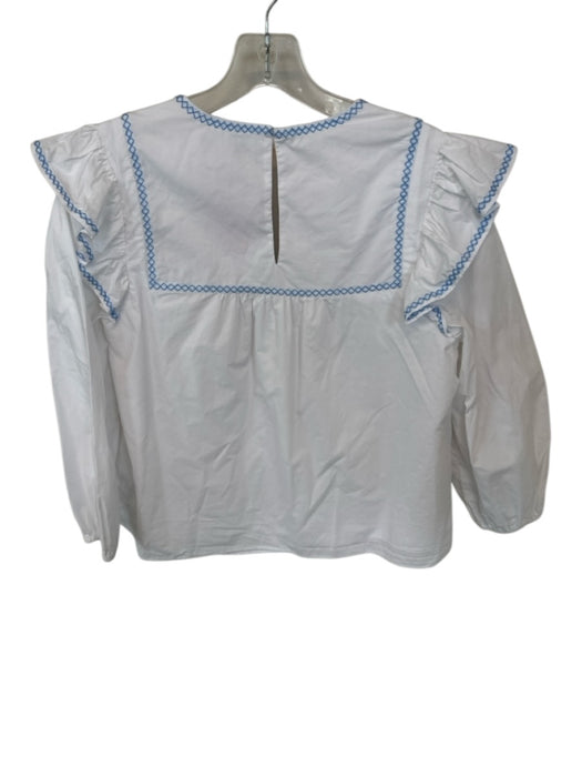 English Factory Size S White & Blue Cotton Long Balloon Sleeve Cross Stitch Top White & Blue / S