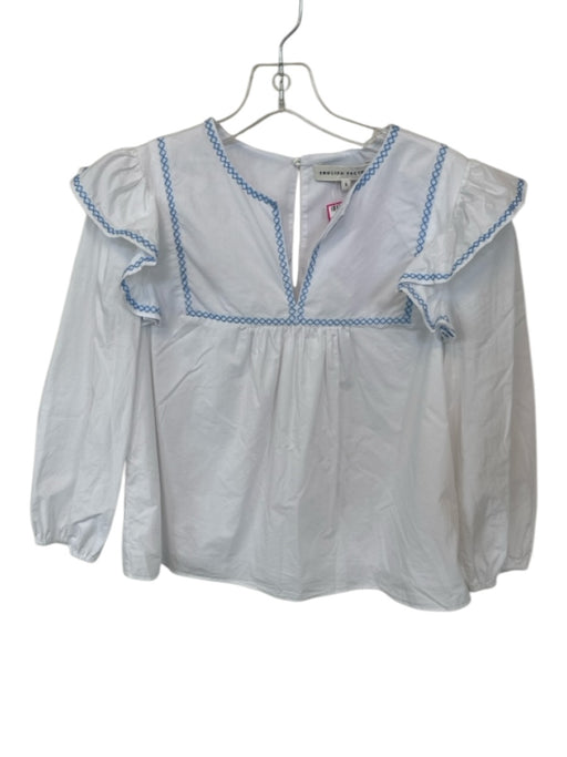 English Factory Size S White & Blue Cotton Long Balloon Sleeve Cross Stitch Top White & Blue / S