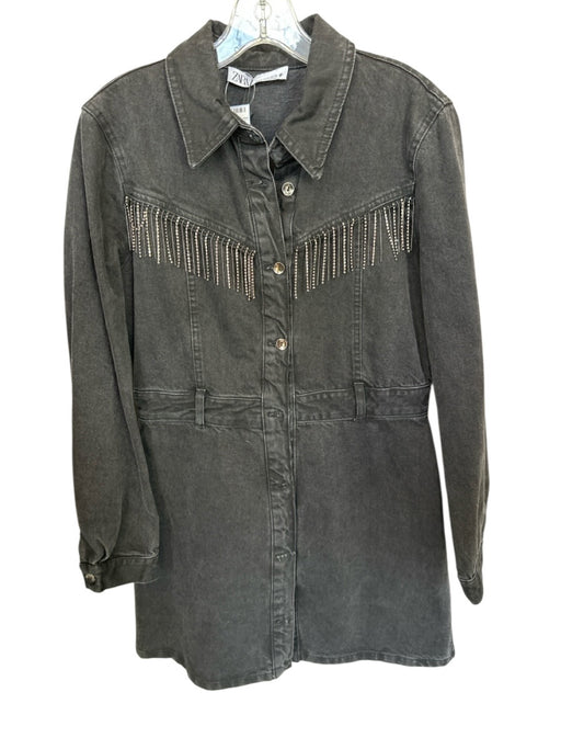 Zara Size M Black & Silver Cotton Blend Long Sleeve Rhinestone Button Down Dress Black & Silver / M