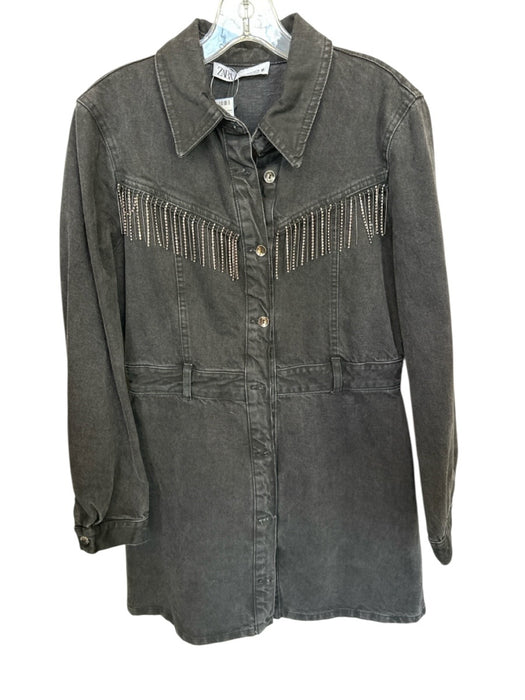 Zara Size M Black & Silver Cotton Blend Long Sleeve Rhinestone Button Down Dress Black & Silver / M