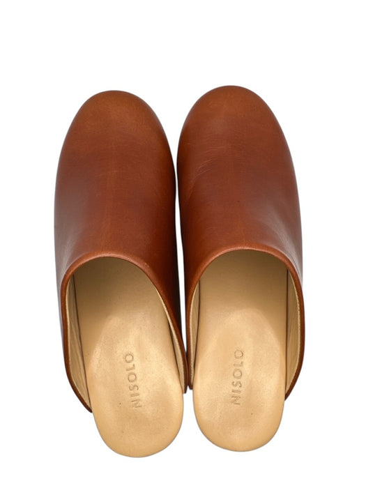 Nisolo Shoe Size 7.5 Brown & Tan Leather Wood Sole Block Heel Clogs Brown & Tan / 7.5
