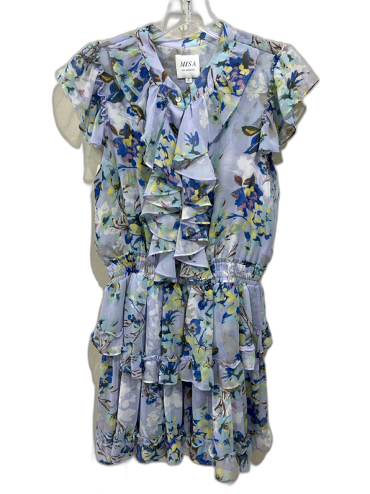 Misa Size S Blue & Multi Polyester Ruffle Cap Sleeve Floral V Neck Dress Blue & Multi / S