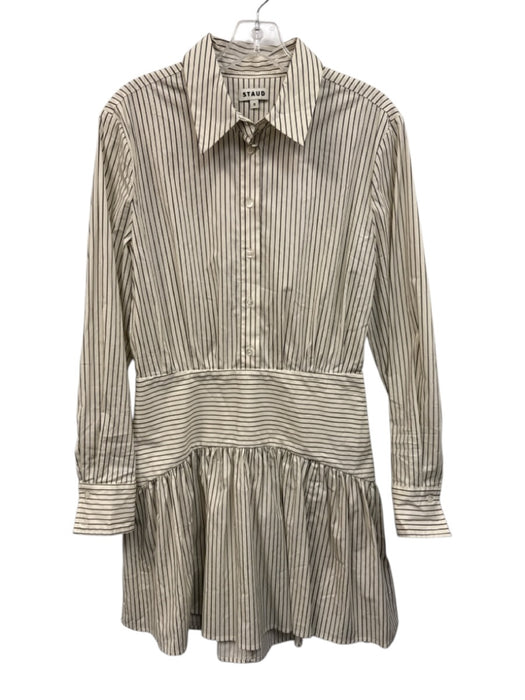 Staud Size 8 Cream & Brown Cotton Long Sleeve Stripe Buttons Shirt Dress Cream & Brown / 8