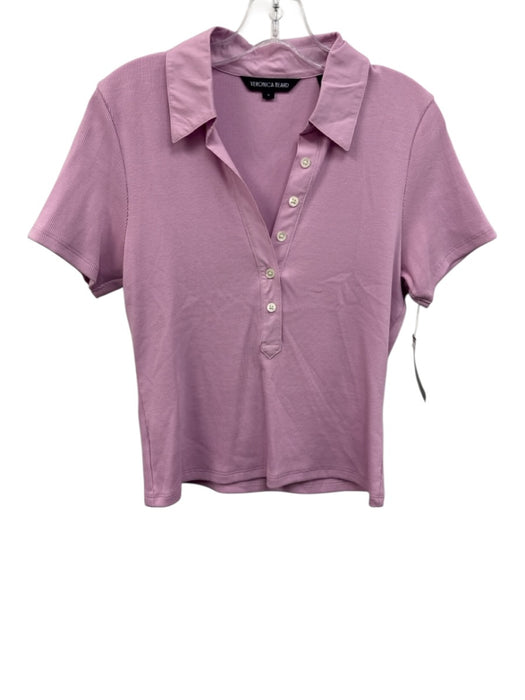 Veronica Beard Size M Purple Pink Cotton Short Sleeve Rib Knit 1/4 Button Top Purple Pink / M