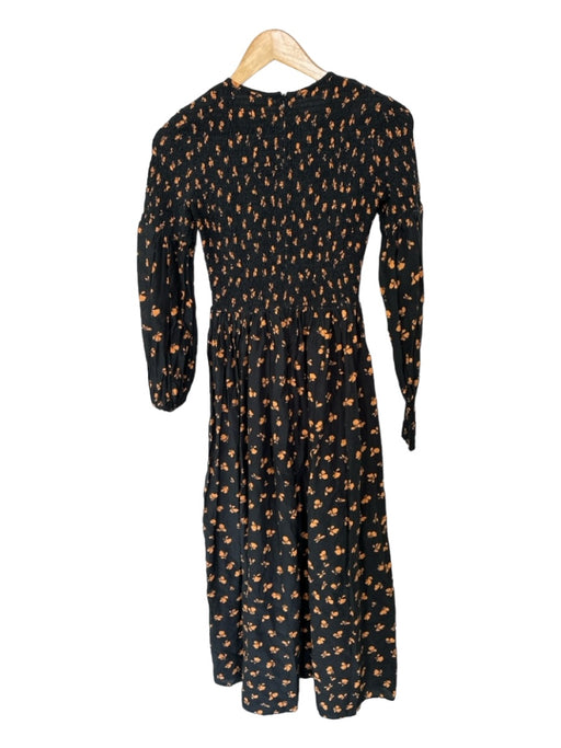 Ganni Size 36 Black & Orange Cotton Blend Rouched Long Sleeve Floral Maxi Dress Black & Orange / 36