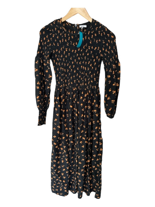 Ganni Size 36 Black & Orange Cotton Blend Rouched Long Sleeve Floral Maxi Dress Black & Orange / 36