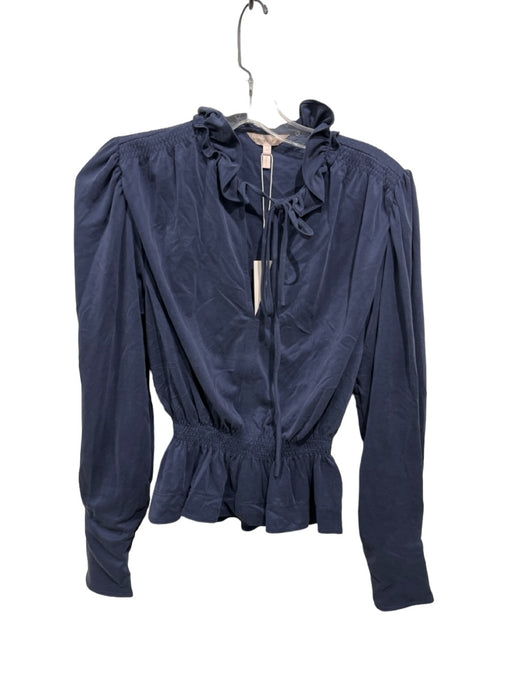 Rebecca Taylor Size XS Blue Modal Blend V Neck Long Sleeve Ruffle collar Top Blue / XS