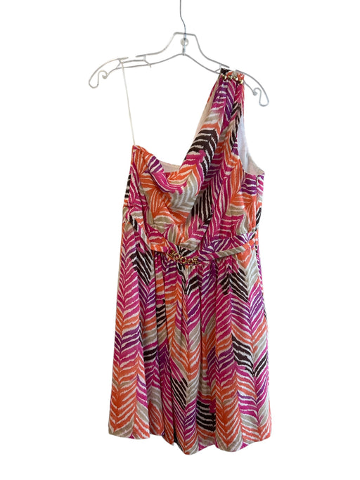 Trina Turk Size 12 Pink Orange Silk One Shoulder Animal Print Chain Detail Dress Pink Orange / 12